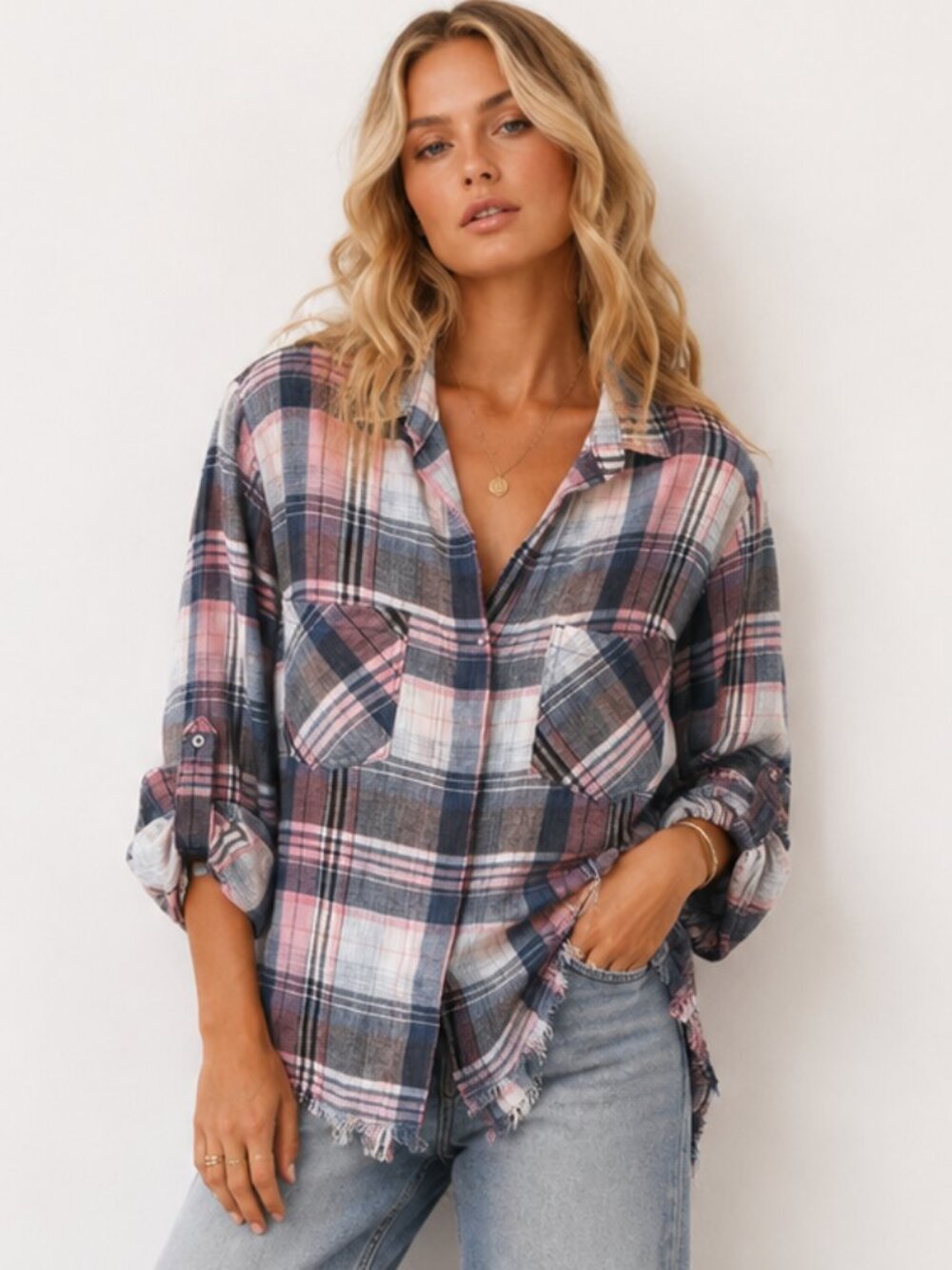 BELLA DAHL Pink Blue Plaid Frayed Hem Split Back Button Down Shirt XS